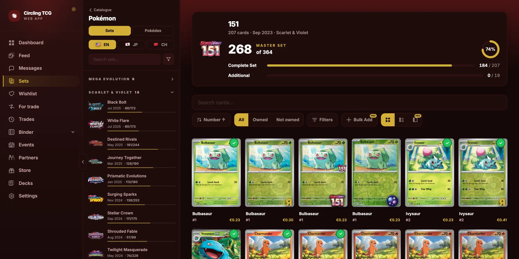 The 151 set in the Circling TCG web app: Master Set progress and the card grid